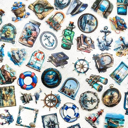 50 PCS Vintage Nautical Clear Scrapbook Stickers – Retro Ocean Sailing Decals with Anchors, Ships, Lighthouses, Helm Wheels, Maps & Marine for Journaling, Crafting, Scrapbooks, Planners & DIY Decor