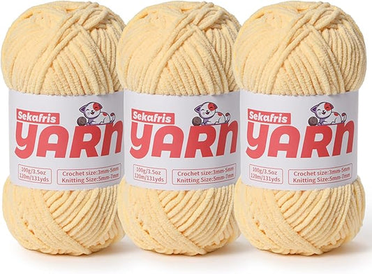 3 Pack Plush Chunky Chenille Yarn for Crocheting, Soft Fluffy Velvet Yarn for Crocheting, Fuzzy Baby Blanket Knitting Yarns, 300g/393yds Bulky Amigurumi Yarns（3 Light Yellow）