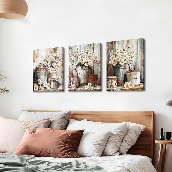 WENGTIAO 3Pcs Rustic Daisy Canvas Wall Art Fall Flower Prints Posters Vintage Country Flora Paintings Pictures Nature Botanical Artwork for Bedroom Living Room Bathroom 12x16x3
