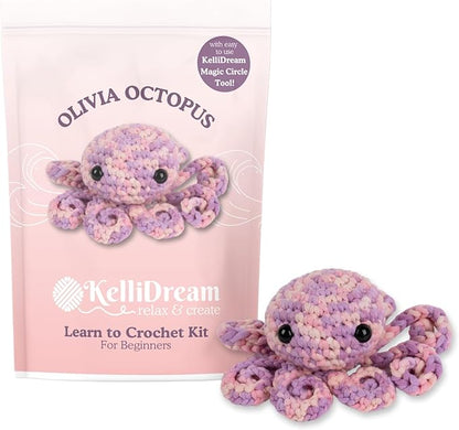 KelliDream Magic Circle Tool Inclusive Learn to Crochet Kit for Beginners; Step-by-Step Video Tutorials; All Supplies to Make Cute Amigurumi (Octopus)