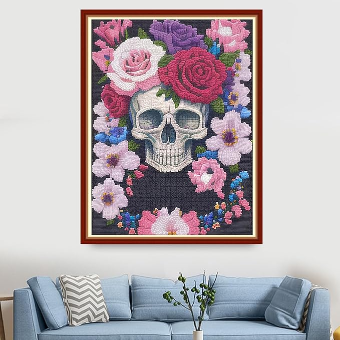 Findvoor Stamped Cross Stitch Kits for Beginners Full Range of Cross Stitching Embroidery Pattern for Adults, 11CT DIY Needlepoint Embroidery Starter Kits-Flower Skeleton 15.7x19.7 inch