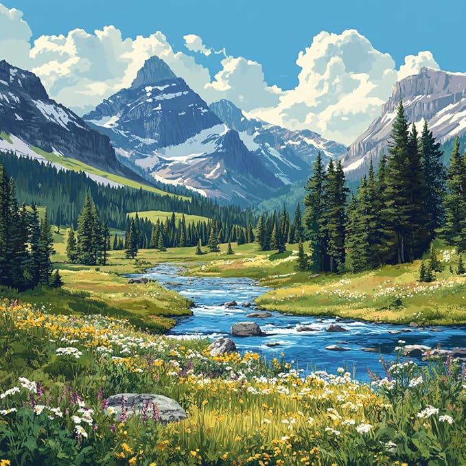 Moohue 14ct Counted Cross Stitch Kits for Adults Mountains River Flowers Printed Stamped Cross Stitch Patterns Kits Cross Stitch Supplies (Mountains River Flowers)
