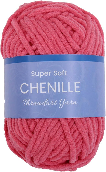 ThreadArt Chenille Yarn for Crocheting, Knitting, Amigurumi, Super Soft Plush Velvet Yarn - 50 Gram 60 yds #5 Fluffy Yarn Skeins - Bright Pink 05