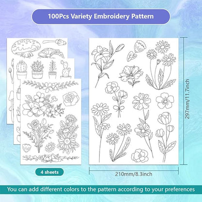 ORIGACH 4 Sheets Large Water Soluble Embroidery Patterns Stabilizers - Pre-Printed Floral, Plants, Mushroom & Bonsai Designs - Stick & Stitch Embroidery Paper for Hand Sewing Lovers