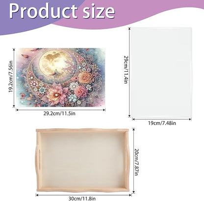 JISHSHAY Diamond Art Serving Tray Diamond Painting Food Tray Gem Art Serving Platter Gem Painting Mosaic Kits for Adults DIY Kits for Adults, with Wood Handle 20×30cm/7.87×11.81in, Moon Flower