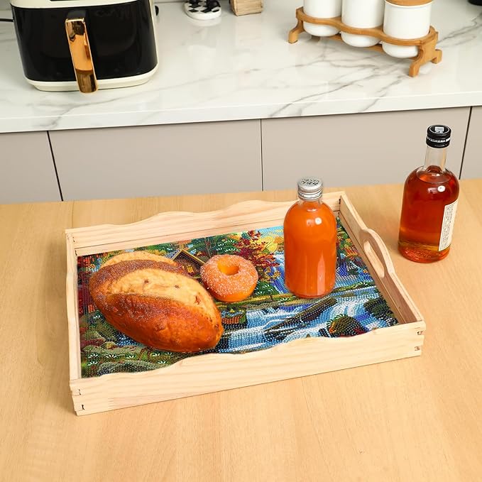 DOTSOPS 5D Diamond Art Kits for Adults Wooden Serving Tray with Handle Special Diamond Painting Plate Big Gem Dots Paint by Numbers Crafts Kits for Living Room Log Cabin 12 x 16 Inches