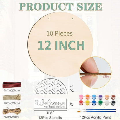 12 Inch Wood Circles for Crafts, 10Pcs Unfinished Wood Rounds with 12Pcs Welcome Stencils & 12Pcs Painting, DIY Wooden Crafts for Door Hanger, Wood Burning, Painting, Christmas Thanksgiving Day Decor