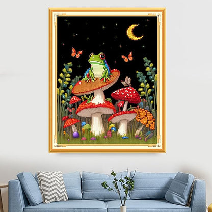 Findvoor Stamped Cross Stitch Kits for Beginners Full Range of Cross Stitching Embroidery Pattern for Adults, 11CT DIY Needlepoint Embroidery Starter Kits-Frog Mushroom 15.7x19.7 inch