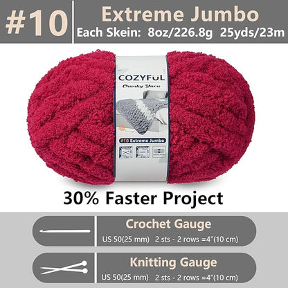 Chunky Yarn for Hand Knitting - #10 Chunky Chenille Yarn, Jumbo Big Thick Chunky Yarns for Crocheting, Super Bulky Chunky Knit Blanket Yarns, 8 Skein (25 yds 8 oz Each Skein), Cherry Red