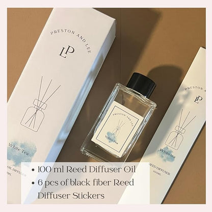 Preston and Lee Reed Diffuser Set | 100 ml (3.4 fl oz) White Tea Scent | Reed Diffuser Set | Aromatherapy Diffusers | Natural Reed Diffuser Oil for Home and Spa Fragrance