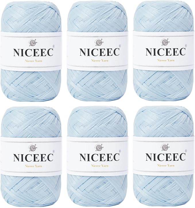 NICEEC 6 Skeins Soft Tape Yarn for Crocheting Craft Paper Yarn Easy Crochet Raffia Yarn Ribbon Yarn for DIY Craft Gift Wrapping Total Length 1.76oz×6/109yds×6-Misty Blue