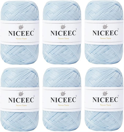 NICEEC 6 Skeins Soft Tape Yarn for Crocheting Craft Paper Yarn Easy Crochet Raffia Yarn Ribbon Yarn for DIY Craft Gift Wrapping Total Length 1.76oz×6/109yds×6-Misty Blue