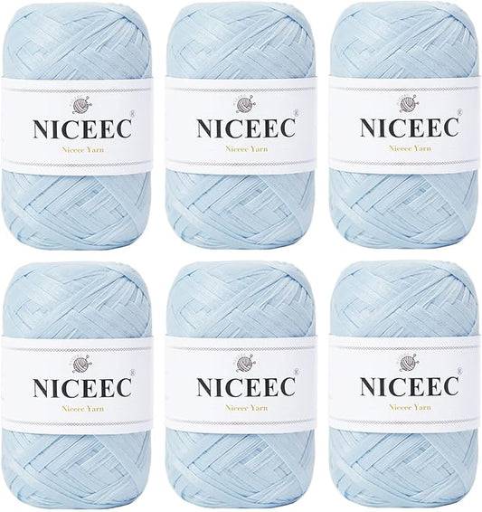 NICEEC 6 Skeins Soft Tape Yarn for Crocheting Craft Paper Yarn Easy Crochet Raffia Yarn Ribbon Yarn for DIY Craft Gift Wrapping Total Length 1.76oz×6/109yds×6-Misty Blue