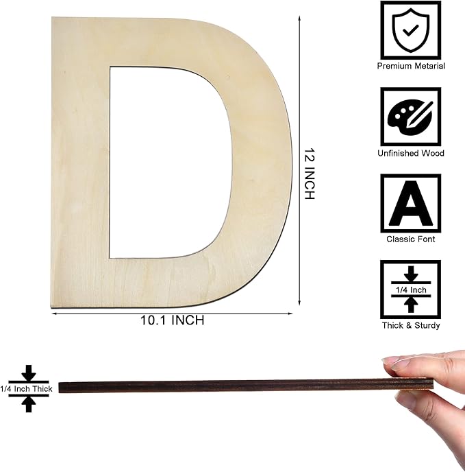 12 Inch Wooden Letter D, 1/4 Inch Thick Large Unfinished Wood Letter for Home Wall Decor, DIY Crafts