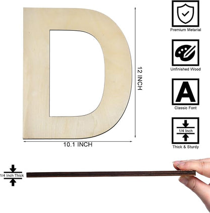 12 Inch Wooden Letter D, 1/4 Inch Thick Large Unfinished Wood Letter for Home Wall Decor, DIY Crafts