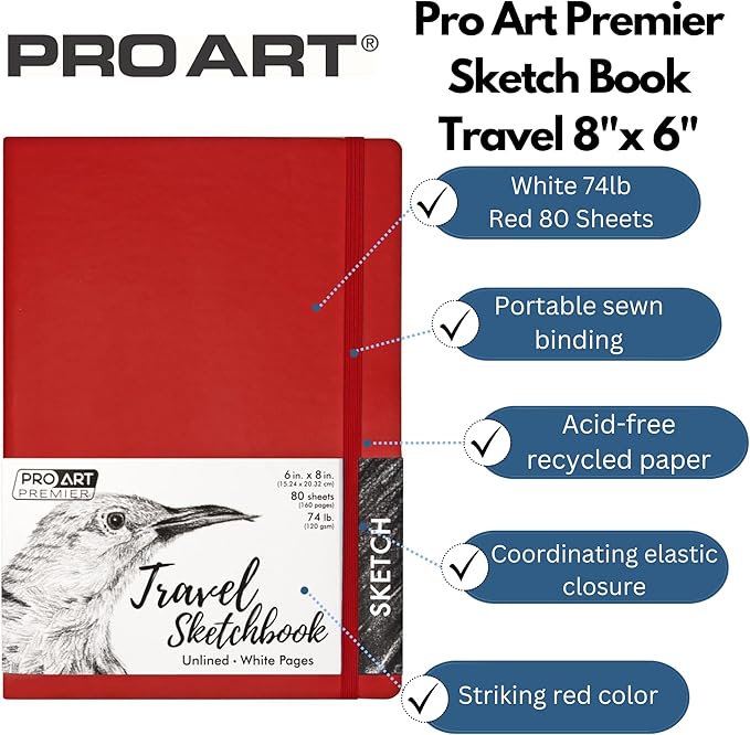 Pro Art Premier Sketch Book Travel 8"x 6" White 74lb Red 80 Sheets, Sketch Book, Sketchbook, Drawing Pad, Pad, Drawing Paper, Art Book, Paper, Sketchbook for