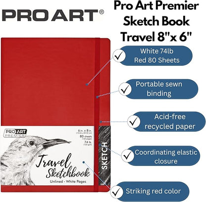 Pro Art Premier Sketch Book Travel 8"x 6" White 74lb Red 80 Sheets, Sketch Book, Sketchbook, Drawing Pad, Pad, Drawing Paper, Art Book, Paper, Sketchbook for