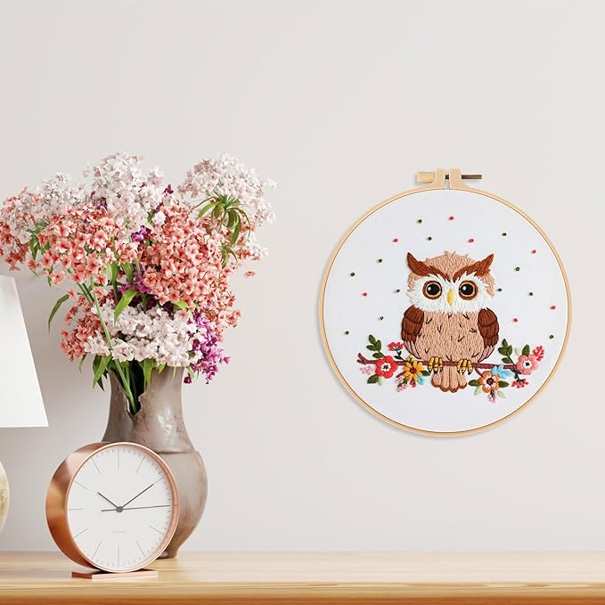 Louise Maelys Owl Embroidery Kits for Beginners with Floral Pattern,Adults Starter Cross Stitch Kit DIY Needlepoint