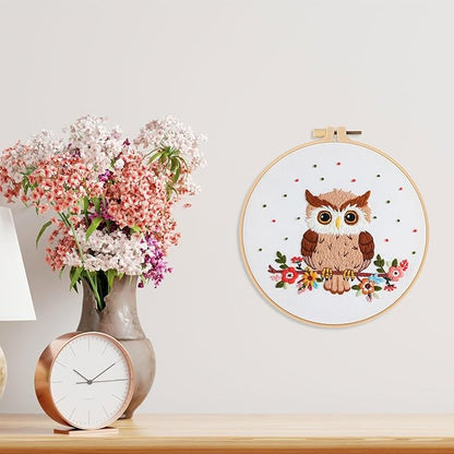 Louise Maelys Owl Embroidery Kits for Beginners with Floral Pattern,Adults Starter Cross Stitch Kit DIY Needlepoint