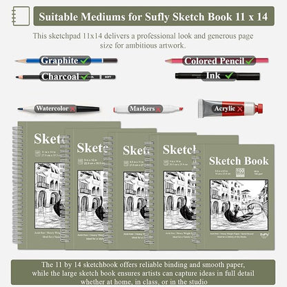 SuFly 11x14 Sketchbook, 100 Sheets Hardcover Sketch Book, 68lb/100gsm Artist Paper, Drawing Books for Teens & Art Gifts.