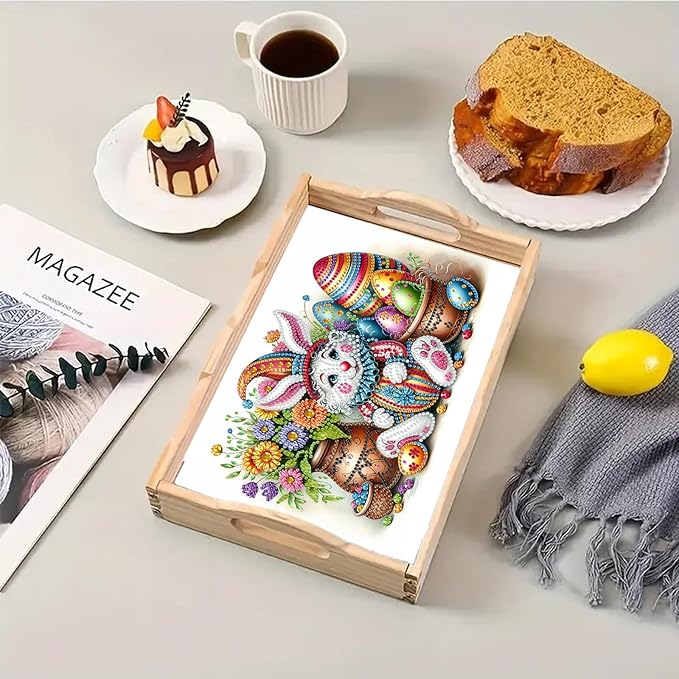 DoxQcs DIY Diamond Art Wooden Tray Kit Easter Food Tray with Handle Diamond Painted Table Decoration Tray for Breakfast Bar Dinner Table Diamond Art Painting for Beginners-#16-Easter Bunny Eggs