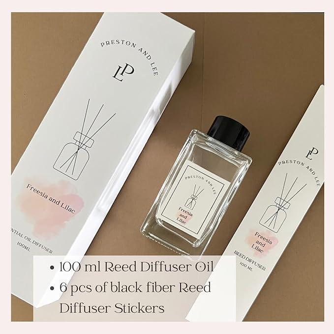 Preston and Lee Reed Diffuser Set | 100 ml (3.4 fl oz) Freesia and Lilac Scent | Reed Diffuser Set | Aromatherapy Diffusers | Natural Reed Diffuser Oil for Home and Spa Fragrance