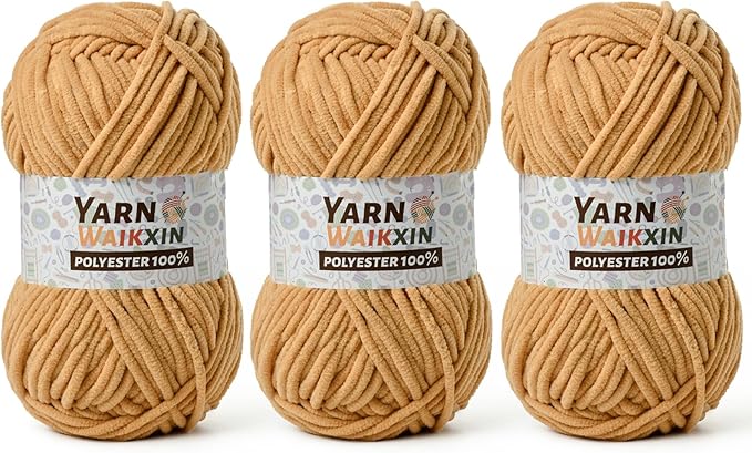 3 Pack Soft Chenille Yarn for Crocheting, Fluffy Chunky Crochet Yarn for Baby Blanket, (5.29oz/196.8yds) Fuzzy Velvet Yarn for Amigurumi&DIY Puzzle、Crafts、Scarf(3 Khaki)
