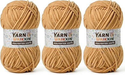 3 Pack Soft Chenille Yarn for Crocheting, Fluffy Chunky Crochet Yarn for Baby Blanket, (5.29oz/196.8yds) Fuzzy Velvet Yarn for Amigurumi&DIY Puzzle、Crafts、Scarf(3 Khaki)