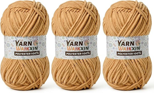 3 Pack Soft Chenille Yarn for Crocheting, Fluffy Chunky Crochet Yarn for Baby Blanket, (5.29oz/196.8yds) Fuzzy Velvet Yarn for Amigurumi&DIY Puzzle、Crafts、Scarf(3 Khaki)