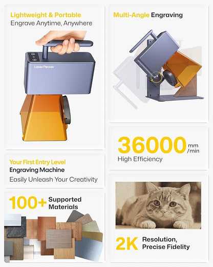 LaserPecker LP2 Handheld Laser Engraver, 1kg Portable Engraving Machine for Wood/Leather/Coated Metal, 36000mm/min Speed & 0.05mm Precision, Multi-Angle Engraving, Basic Set