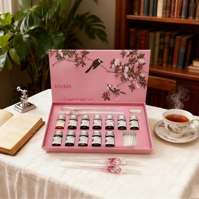 ASXMA Calligraphy Dip Pen Set - 12 Colorful Inks, 2 glass pens Pen Holder, Glass, Crystal Pen for Art Writing, Drawing, Signatures, Decoration,Holiday Gift Set Calligraphy Beginners