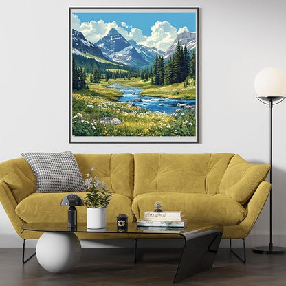 Moohue 14ct Counted Cross Stitch Kits for Adults Mountains River Flowers Printed Stamped Cross Stitch Patterns Kits Cross Stitch Supplies (Mountains River Flowers)