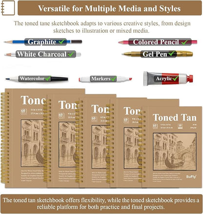 SuFly Toned Tan Sketch Pad, 8 1/2 x 11 Sketchbook, 60 Sheets - 90lb/150gsm Toned Tan Sketch Paper for Mixed Media, Charcoal, Graphite, Colored Pencils & White Gel Pens, 100% Recycled, Wire-O Bound.