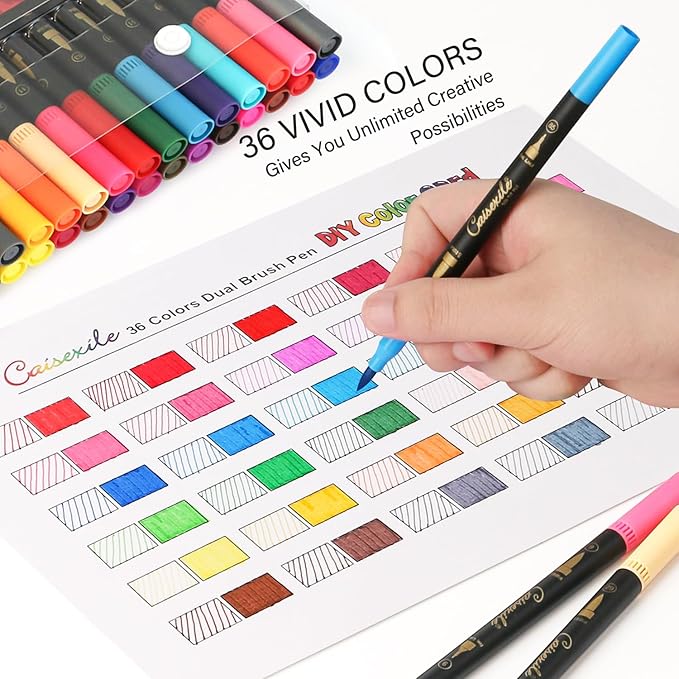 CAISEXILE 36 Colors Duo Tip Pens Art Markers Set, 72 Nibs Fine and Brush Tip for Adult Coloring Books Journaling Note Taking Lettering Calligraphy Drawing Pens Supplies