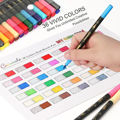 CAISEXILE 36 Colors Duo Tip Pens Art Markers Set, 72 Nibs Fine and Brush Tip for Adult Coloring Books Journaling Note Taking Lettering Calligraphy Drawing Pens Supplies