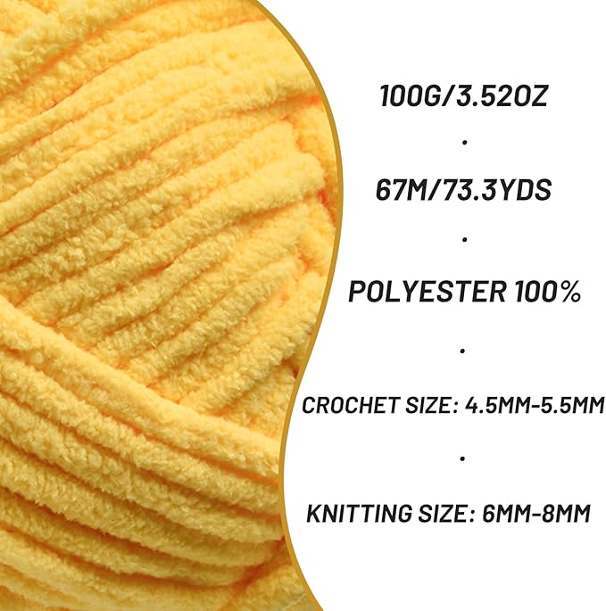 Chunky Chenille Yarn for Crocheting，Baby Yarn for Crocheting Soft Blankets，Bulky Yarns for Crochet Amigurumi，3×100g (3×74.3yds) Fluffy Velvet Yarns for Hand Knitting (3 Yellow)
