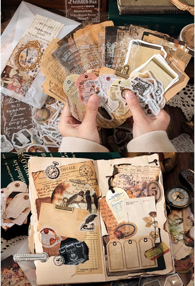 200PCS Vintage Scrapbooking Supplies Pack for Junk Journal Planners Decoupage Paper Scrapbook Stickers Aesthetic Cottagecore Collage Craft Album (Handwritten letters)