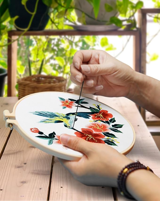 TINDTOP Embroidery Kit for Adult for Beginners, 9 Sets Hummingbird Butterfly Mushroom Flower Embroidery Kit for Beginners Include Embroidery Cloth Hoop Threads with Embroidery Skill Techniques