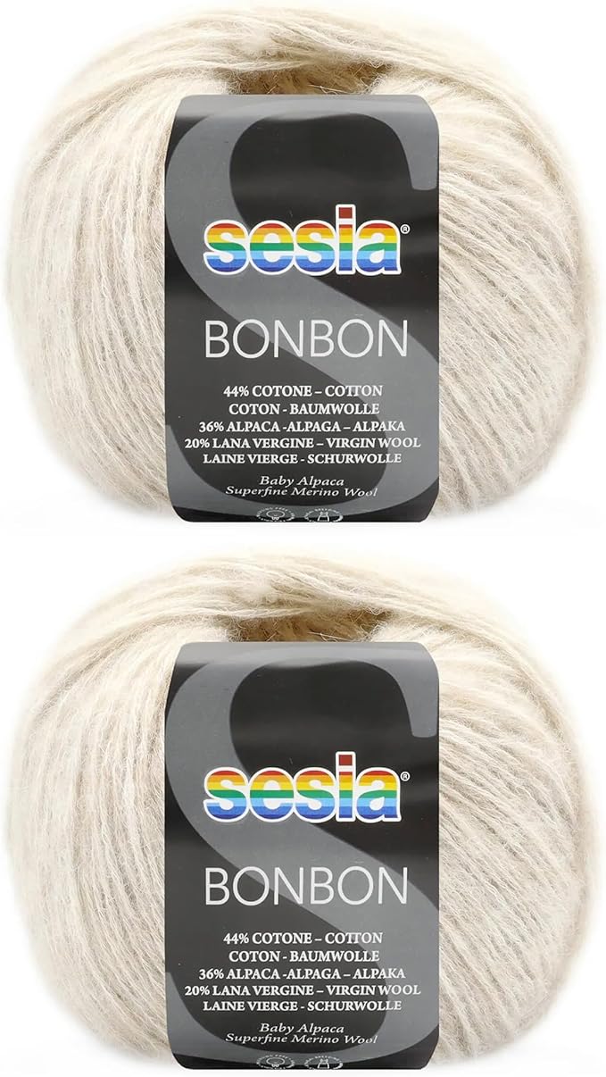 2 Skeins, Baby Alpaca, Superfine Merino Wool, Cotton, 458 Yds/3.5 oz., Needles US 6-7, Sesia Bon Bon (2, Beige - 6177)
