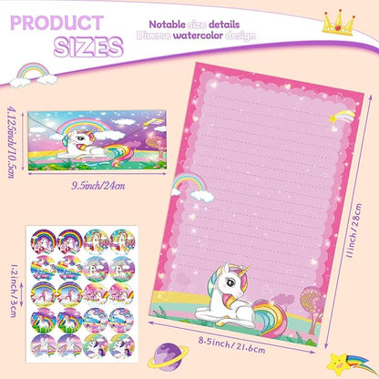 TaoBary 160 Pcs Stationery Paper Set 50 Double Sided Stationery Papers with 50 Matching Envelopes and 60 Round Dot Sticker, 10 Design(Unicorn,8.5 x 11 Inch)