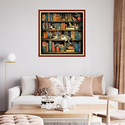 Fanxvivy Stamped Cross Stitch Kits for Beginners Full Range of Cross Stitching Preprinted Embroidery Kits for Adults, 11CT Embroidery Pattern Needlepoint Kits-Cat Sleeping in Bookshelf 18x18 inch