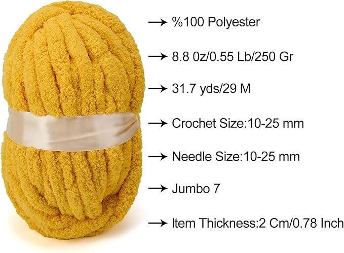 ERLYEEN Chenille Chunky Yarn Super Bulky Soft Thick Fluffy Jumbo Giant Washable Polyester Big Yarn DIY for Arm Knit Blanket Cushion Bed Sofa Home Decor,Turmeric,1.1LB
