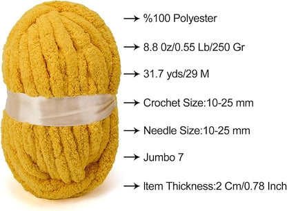 ERLYEEN Chenille Chunky Yarn Super Bulky Soft Thick Fluffy Jumbo Giant Washable Polyester Big Yarn DIY for Arm Knit Blanket Cushion Bed Sofa Home Decor,Turmeric,1.1LB