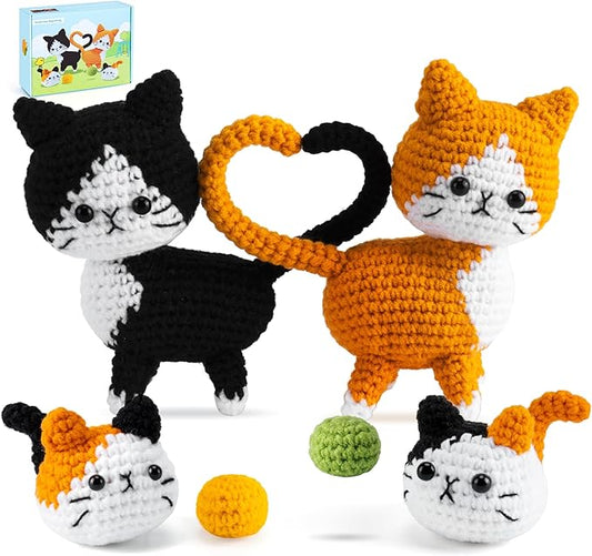Auspicious beginning Cat Crochet Kit for Beginners-Crochet Kits 4PCS Cats Family Crochet Animals Kits with Step-by-Step Video Tutorials, Crochet Starter Kit Learn to Crochet Kits for Adults