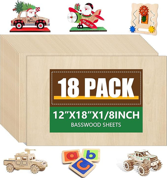 18 Pack Basswood Sheets12x18x1/8 Inch, Unfinished Wood for Crafts, 3mm Basswood for Laser Cutting & Engraving, Wood Burining,Architectural Models, Wood Board for Painting.