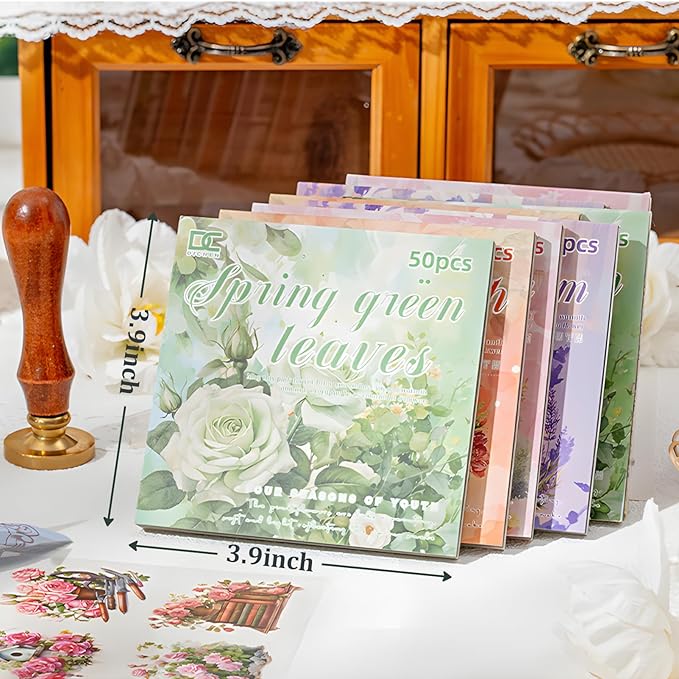 Snycler 4 Books Scrapbooking Supplies, Vintage Journaling - 100 Sheets PET & 100 Sheets Paper Stickers, DIY Craft Stickers for Junk Journals, Ephemera Sticker Book, Seasonal Themes, Pre-Cut Designs