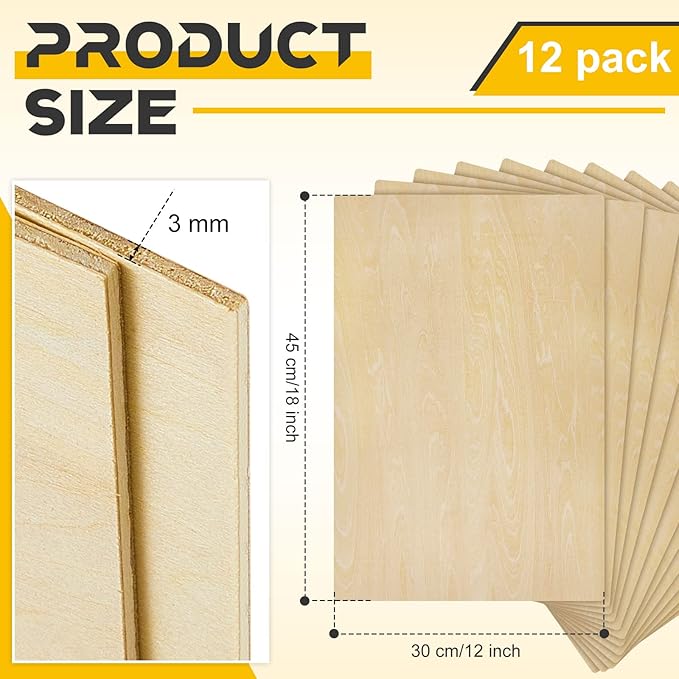 Juexica 12 Pcs 12" X 18"x 1/8" Basswood Craft Sheets 3mm Plywood Board Wood Thin Sheets for Arts Crafts Woodworking Scroll Sawing Projects Painting Drawing Laser Cutting Projects