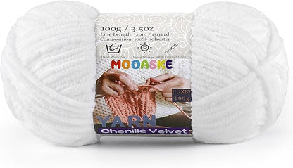 Soft Chenille Chunky Yarn for Crocheting and Knitting, Super Bulky 100g(131yds) Baby Blanket Yarn for Crochet Thick, Plush Fluffy Fuzzy Amigurumi Craft Yarn, White