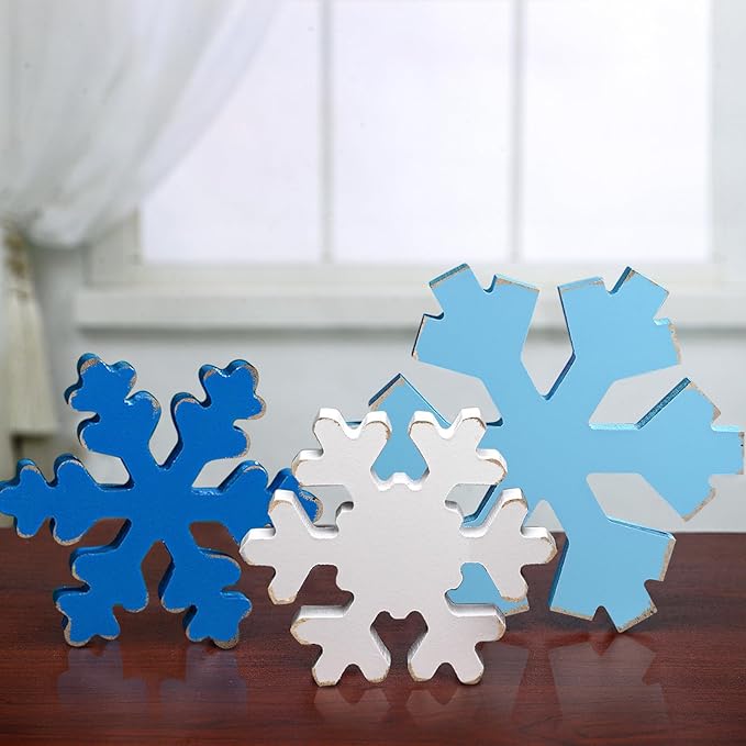 Bucherry 3 Pcs Winter Wooden Snowflake Decor Rustic Winter Snowflake Table Signs Wonderland Wood Blocks Farmhouse Christmas Tiered Tray Decorations for Xmas Table Shelf(Assorted Colors)