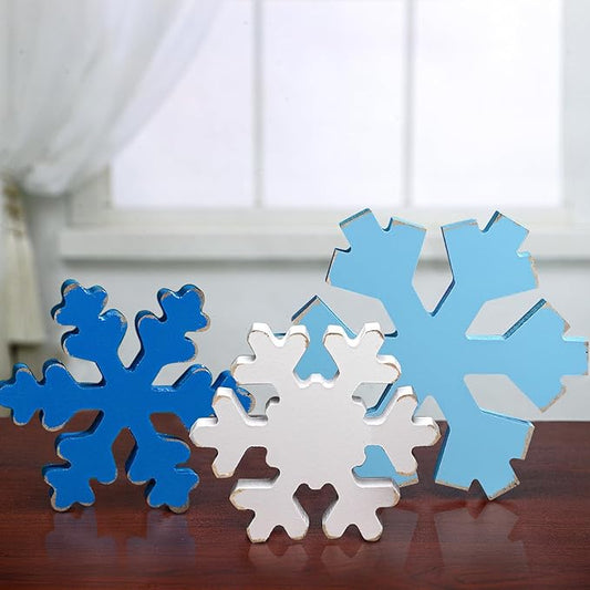 Bucherry 3 Pcs Winter Wooden Snowflake Decor Rustic Winter Snowflake Table Signs Wonderland Wood Blocks Farmhouse Christmas Tiered Tray Decorations for Xmas Table Shelf(Assorted Colors)